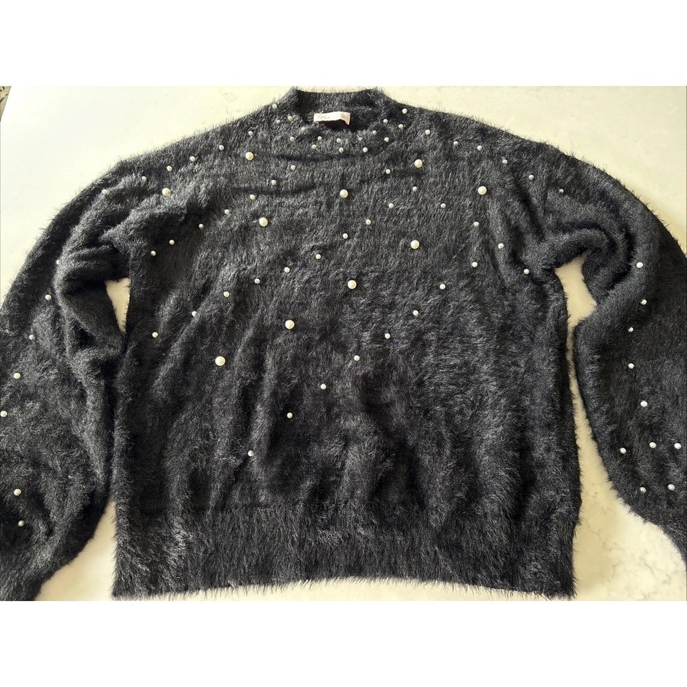 Pink Lily Sweater Womens Small Black‎ Fuzzy Pearls Nylon Blend Balloon Sleeve